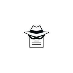 White Hat, Anonymous Hacker Symbol with File, Masked Document, Fedora Hat, Cybersecurity icon Representing Data Privacy, Digital Marketing, SEO, Hacking, Phishing, Information Security	