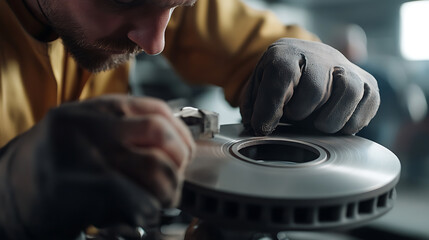 Close-up of a mechanic working on an auto part. The image focuses on the gloved hand of a man working meticulously on a smooth, round piece of car equipment.