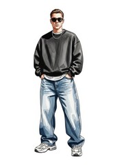 Naklejka premium Young Man In Casual Outfit - A young man wearing sunglasses, a black sweater, jeans, and sneakers, isolated on white.