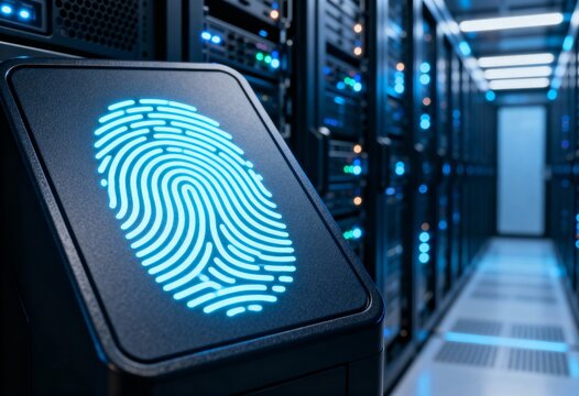 Biometric security access control system with a glowing blue fingerprint scan in a modern data center aisle. - Powered by Adobe
