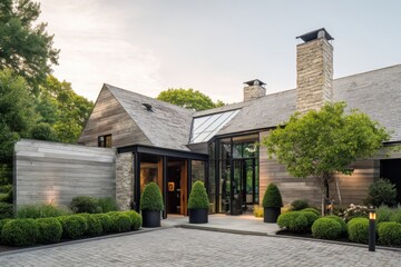 Modern architecture showcases sleek design and natural elements in a serene residential setting surrounded by lush greenery during golden hour