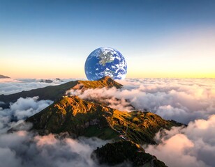 A surreal vista with our planet hovering over mountains, peeking through clouds during a stunning sunrise or sunset. Golden light bathes peaks
