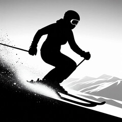 silhouette of a man on a mountain, silhouette of a man standing on a mountain, silhouette of a man standing on a mountain top, skiing in the mountains, skier on a snowboard, skiing on the mountain