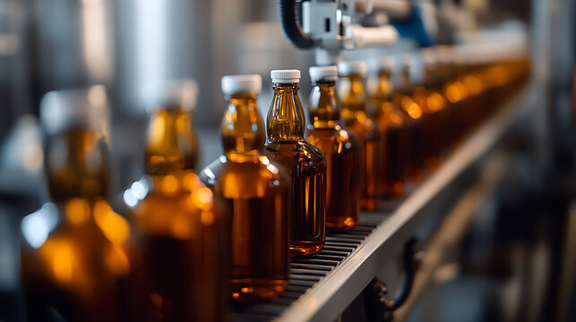 Bottles moving along a production line. Automatic machinery to fill and seal glass container with the liquid. Quality control and automated operations.
