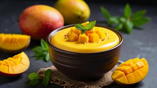 A delicious bowl of fresh mango puree, garnished with diced mango cubes and a sprig of mint.