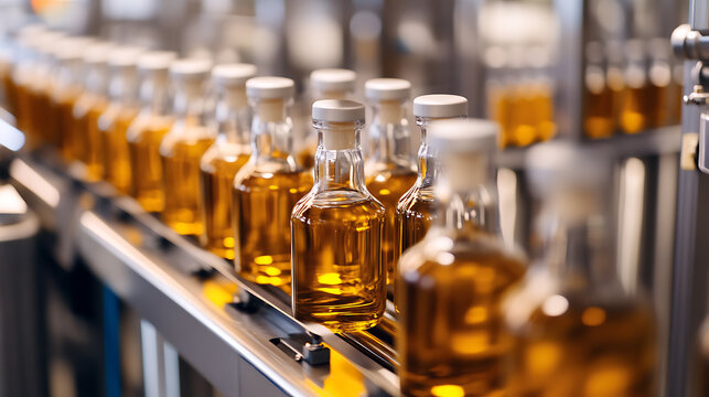Bottles on a conveyor: A row of glass bottles filled with a golden liquid moving along a metal conveyor belt in a factory setting. Automated production process.