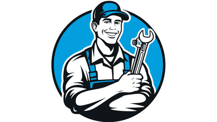Smiling professional mechanic or handyman holding wrenches, skilled worker in uniform, repair and maintenance service emblem illustration