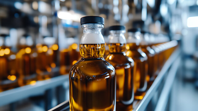 Bottles on an automated conveyor belt line. Quality and manufacturing process of liquid products. Bottling factory production line. Automated bottling process.