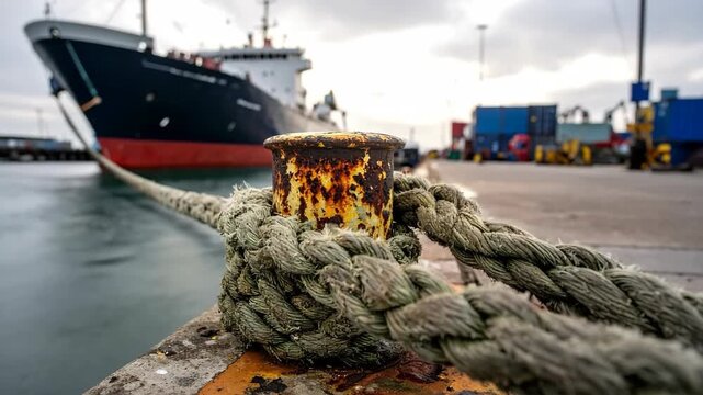 A thick mooring rope is secured around a rusty bollard on a pier, with a large cargo ship docked in a commercial harbor.