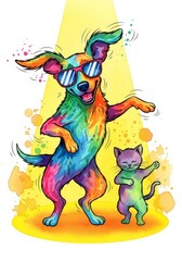 Fototapeta premium Party Dog In Shades Grooving With Pet On Yellow - A cartoon dog wearing shades dances with a cat. Vibrant colors and a yellow background create a lively, fun atmosphere.