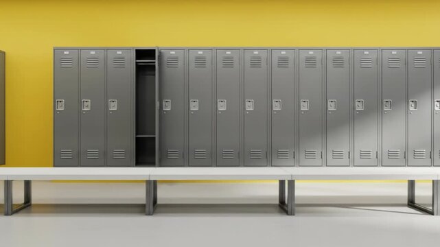 Row of gray lockers with one open, against a bright yellow wall, and a white bench