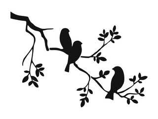 Vector isolated birds sitting on tree branch silhouette black and white stencil art craft print hand made decoration	