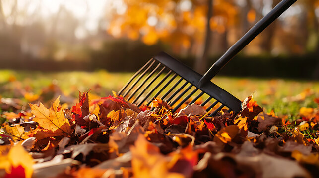Autumn leaves being raked in a park. Fallen leaves on the ground in different shades of red, orange and yellow. A rake gathers the leaves. - Powered by Adobe