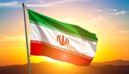 Iranian flag waving in the wind during sunset over a mountainous landscape