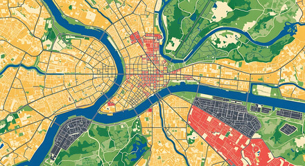 Obraz premium Detailed City Plan with Color-Coded Zones and River