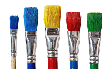 Close-up of four paintbrushes in vibrant colors, arranged horizontally.  The brushes are angled towards the viewer, showcasing their bristles and metal ferrule.  Wooden handles are visible