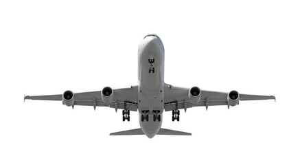 Isolated airplane from below with landing gear and engines, aircraft, travel journey