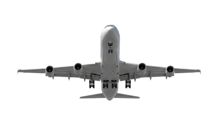 Isolated airplane from below with landing gear and engines, aircraft, travel journey