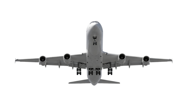 Isolated airplane from below with landing gear and engines, aircraft, travel journey