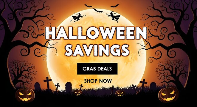 Spooky Halloween savings event with moonlit pumpkins and witches soaring for online retail promotions