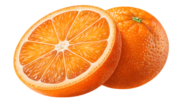 Half-cut orange with glowing interior and rich pulp texture, isolated transparent background, vivid freshness.