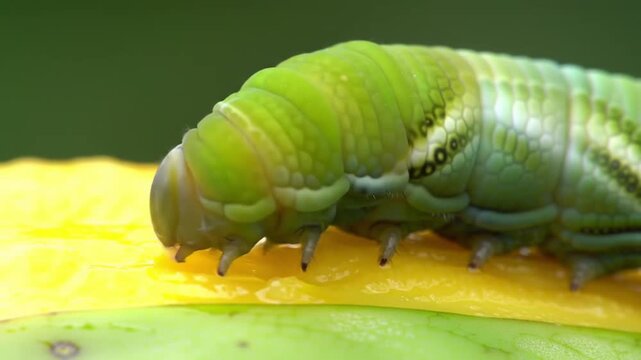 Green caterpillars are eating fruit
