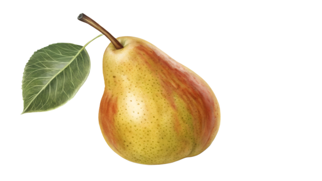 Single fresh pear with smooth gradient tone and natural stem, isolated on transparent background, realistic texture.