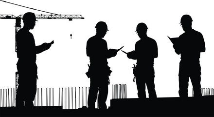 Construction workers silhouettes, teamwork discussion, crane background, site inspection, project planning, safety helmets, engineering supervision, building site coordination, industrial labor