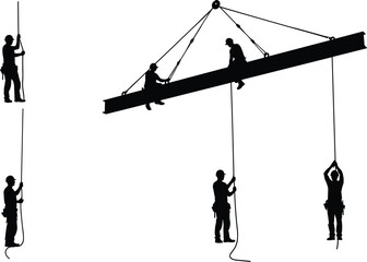 Construction workers silhouettes, steel beam lifting, rope safety, crane operation, teamwork coordination, high altitude job, industrial labor, site inspection, engineering supervision