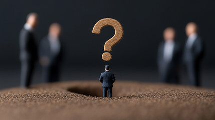 A miniature figure in a suit stands before a question mark, facing blurred figures, suggesting uncertainty and decision-making amidst advisors and unknown choices.