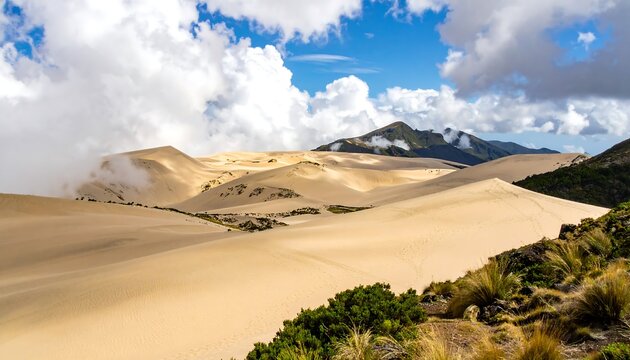A sweeping vista shows massive sand dunes rolling under a partly cloudy sky, some of the dunes are veiled by mist