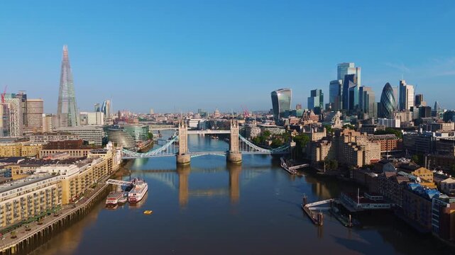 London Cityscape Aerial Crane Shot of Skyline and Tower Bridge