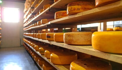 Rows of aging cheese wheels on wooden shelves in a temperature-controlled room