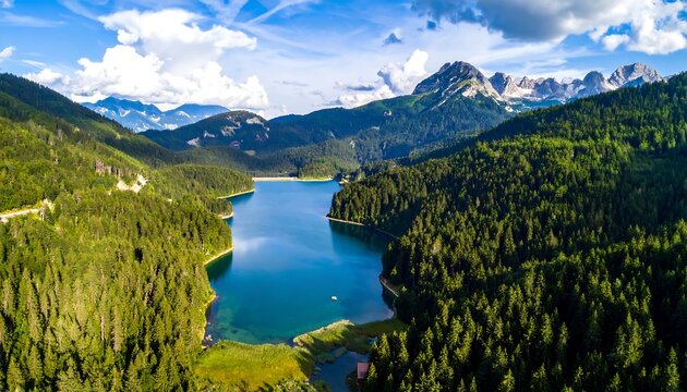 A pristine alpine lake reflects a brilliant sky, embraced by emerald forests and imposing, rocky mountain peaks - Powered by Adobe