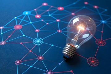 Glowing light bulb on a digital network background