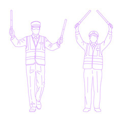 Line art illustration of an airport ground crew giving signals with batons
