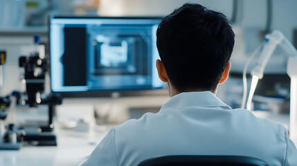 Scientist examining results on screen, in a sterile laboratory. Working with data. Close up on a man's head and shoulders. Screen illuminates face.