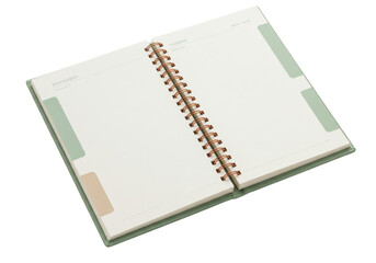 Isolated daily planner book with spiral binding open for notes, reminders and ideas
