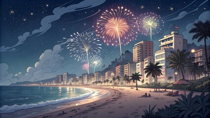new year celebration at sea beach and firework view