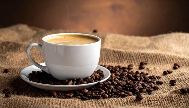 A white ceramic cup filled with steaming coffee sits on a matching saucer, surrounded by roasted coffee beans scattered across a burlap surface with a warm wooden backdrop.