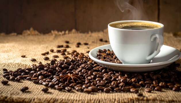 A white ceramic cup filled with steaming coffee sits on a matching saucer, surrounded by roasted coffee beans scattered across a burlap surface with a warm wooden backdrop.