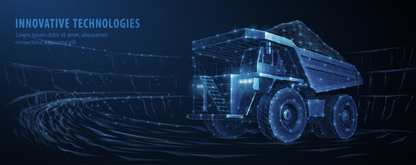 3D futuristic digital representation of a mining truck with glowing blue wireframe design, symbolizing innovative technologies in the construction or mining industry.