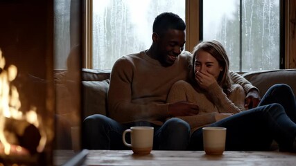 Loving couple laughing joyfully in a cozy home by a warm fireplace with steaming coffee on a rainy day.