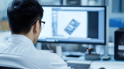 Engineer Reviewing Electronic Schematics. Person with glasses looking at a computer screen with a drawing of an electronic component. Engineering, design.