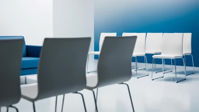 Modern waiting area with a blue sofa and rows of white chairs against a blue wall
