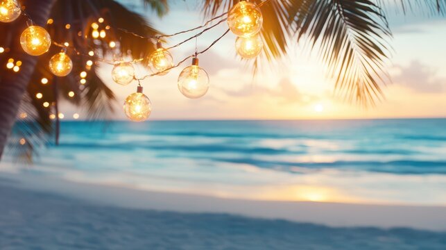 Tropical Beach with Lights: A tropical scene of a sandy beach, shimmering ocean, and warm setting sun. Overhead, string lights cast a soft, inviting glow.