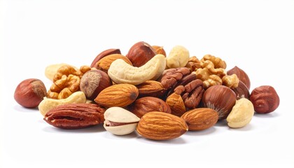 A vibrant pile of assorted nuts&mdash;almonds, walnuts, hazelnuts, pecans, Brazil nuts, pistachios, and more&mdash;rests on a white background
