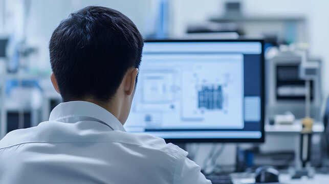 Technician analyzing data on a computer in a modern laboratory. Focus on work and technological advancements. Back view, serene ambiance. - Powered by Adobe