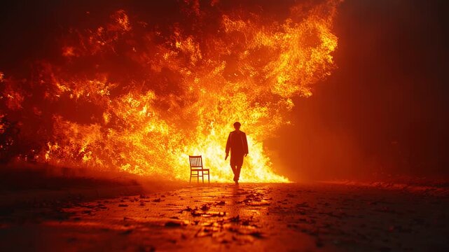 A man completely engulfed in flames slowly walks toward the camera, like in a movie.