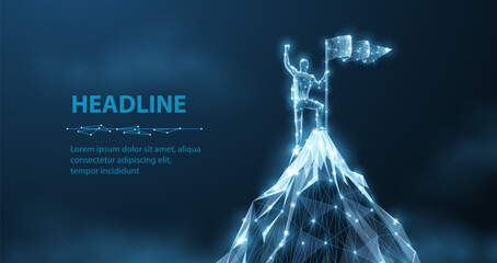 Man stands on the top of digital mountain. Company leader, Achieve victory, Challenge triumph, Technology winner, Business growth, Leadership concept, Entrepreneurial success, Digital success concept
